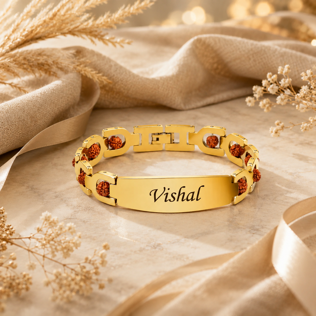 Personalised Name Rudraksha Bracelet — Premium Gold Rakhi for Brother