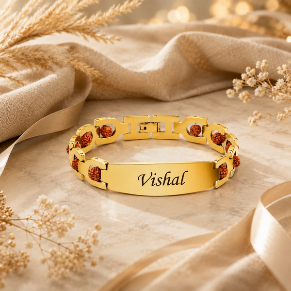 Personalised Name Rudraksha Bracelet — Premium Gold Rakhi for Brother