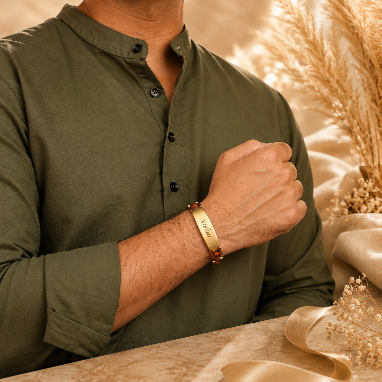 Personalised Name Rudraksha Bracelet — Premium Gold Rakhi for Brother