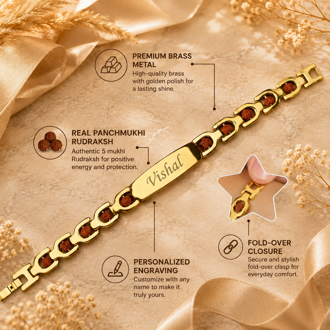 Personalised Name Rudraksha Bracelet — Premium Gold Rakhi for Brother