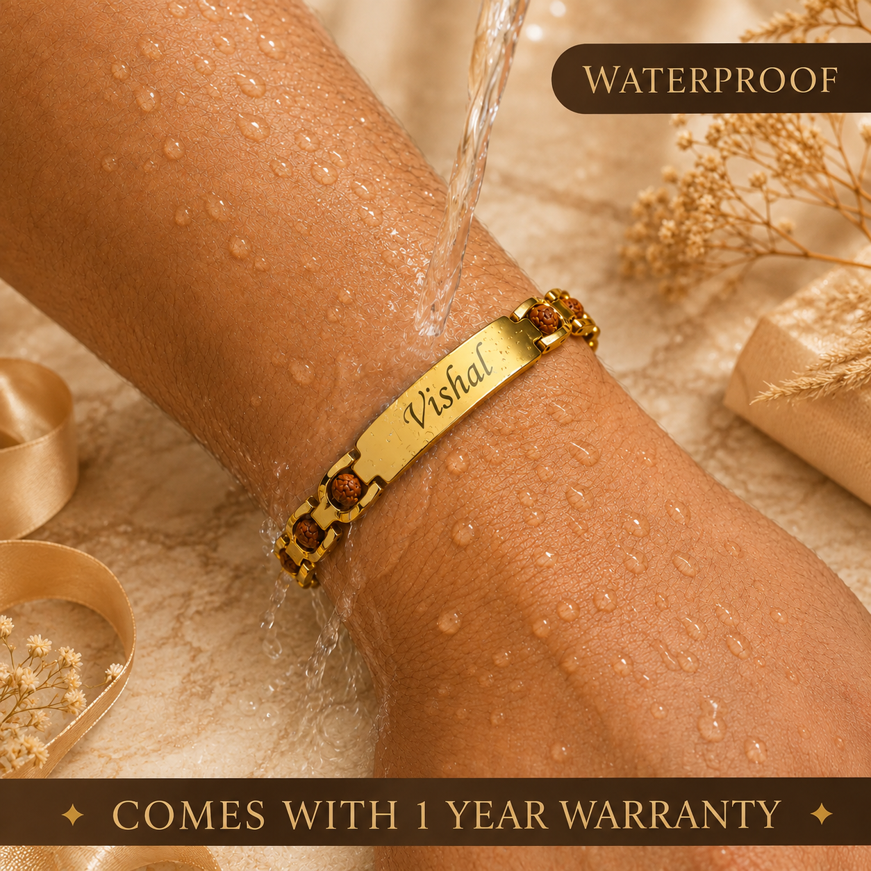 Personalised Name Rudraksha Bracelet — Premium Gold Rakhi for Brother
