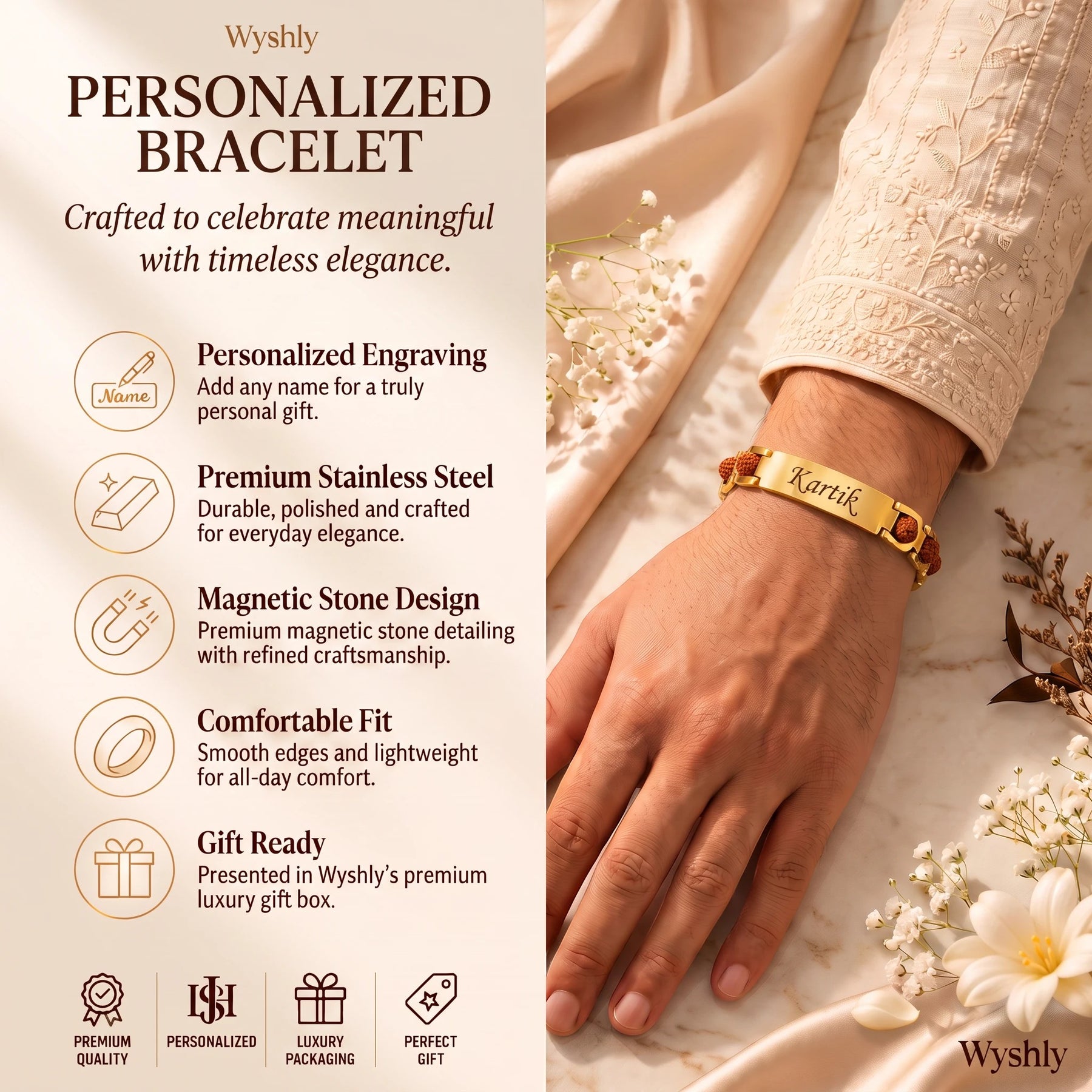 Wyshly gold-plated stainless steel bracelet with Rudraksh beads and personalized engraving on a man's wrist