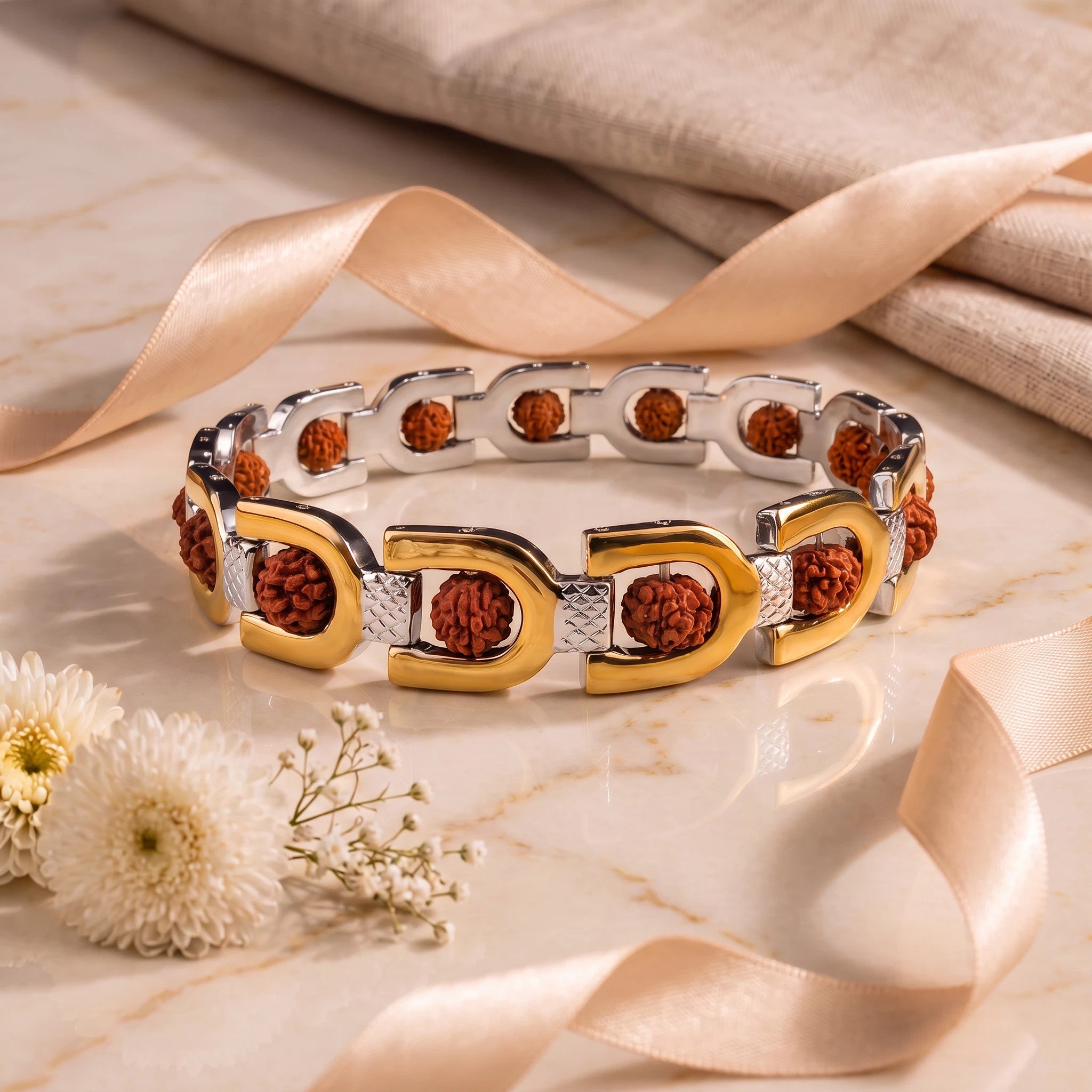 wyshly Royale Rudraksh gold-plated bracelet Rakhi with 5-mukhi beads and two-tone metal chain on a marble surface.