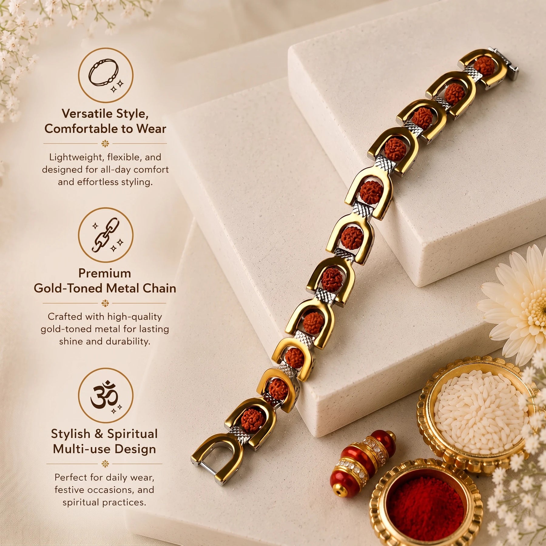 wyshly Royale Rudraksh gold-plated bracelet Rakhi with 5-mukhi beads and silver-toned metal chain on a white display
