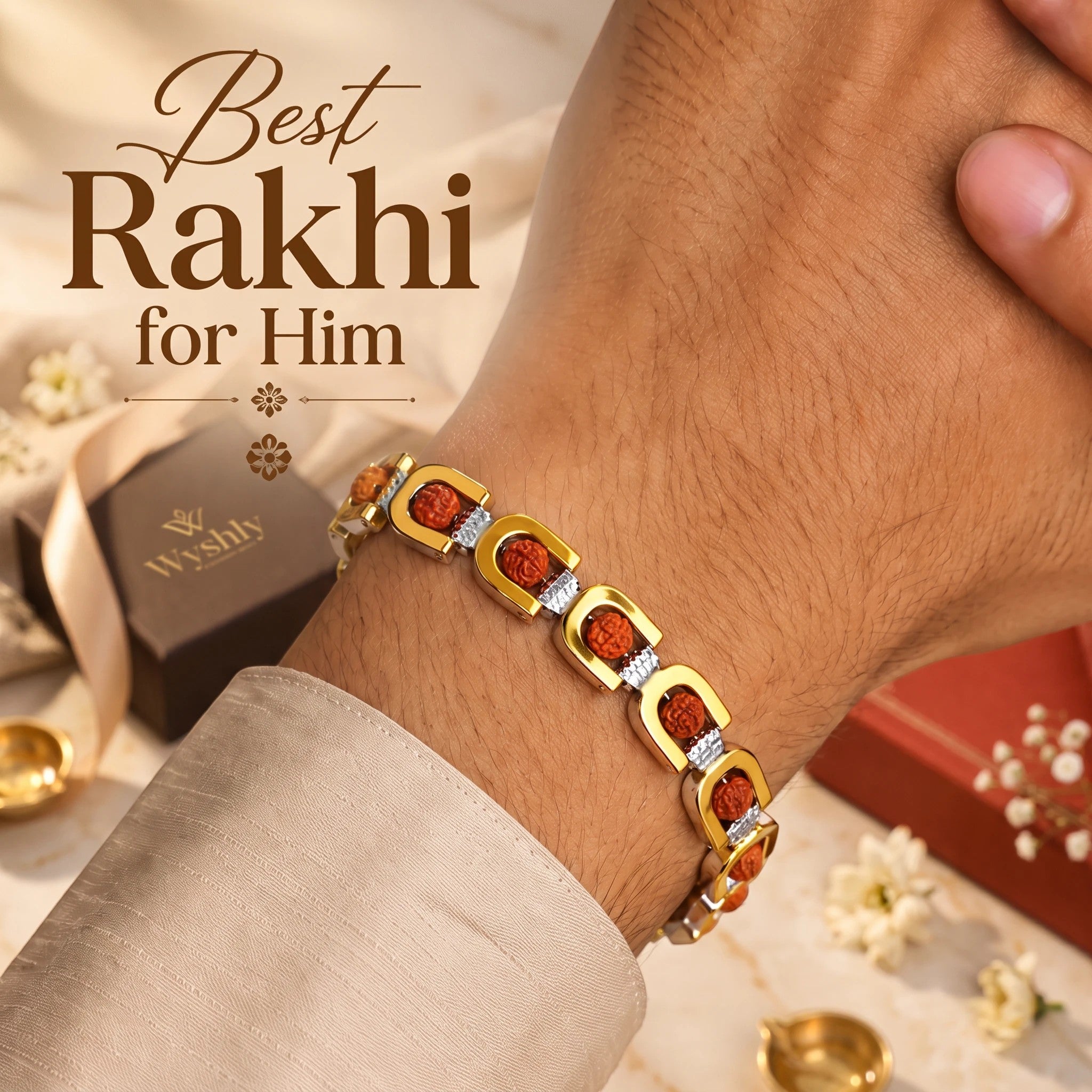 wyshly Royale Rudraksh gold-plated bracelet Rakhi with 5-mukhi beads on a man's wrist for a festive gift