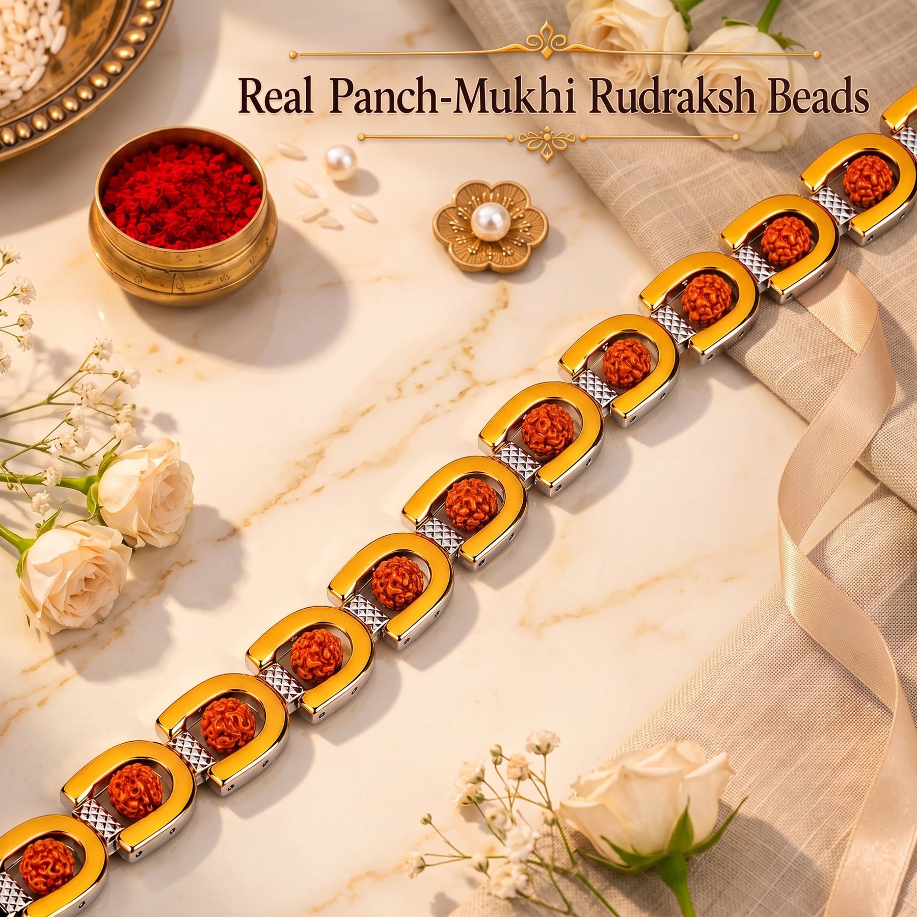 wyshly Royale Rudraksh gold-plated bracelet Rakhi featuring 5-mukhi beads and a two-tone metal chain on a table.